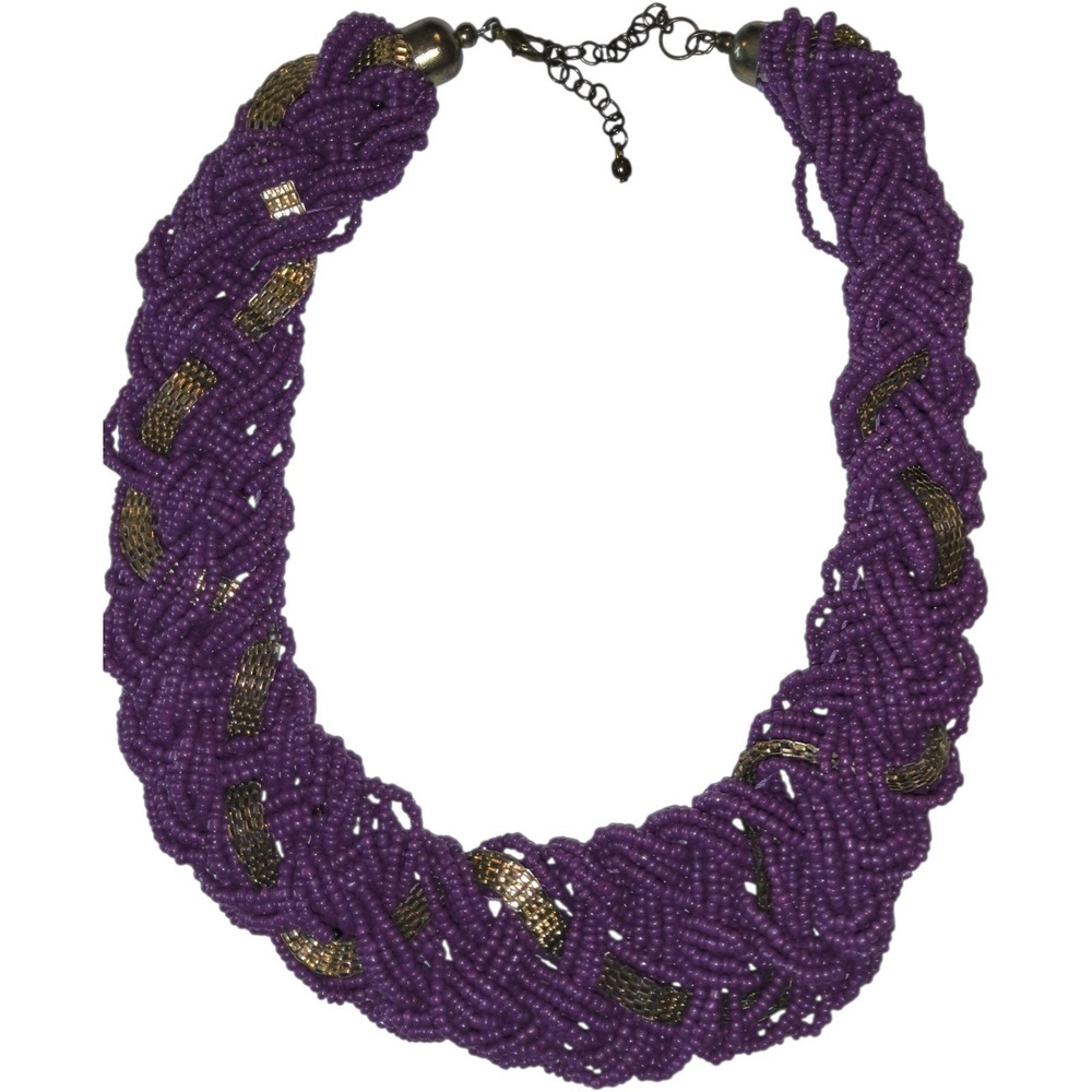 Chunky Purple Braided Bead Necklace‎ Gold Mesh Statement Collar